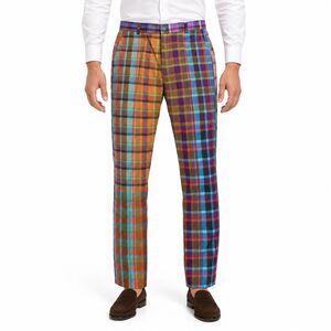 Mens 36 Orange Purple Multicolor Plaid Cotton Slim Fit Dress Pants Trousers NWT
